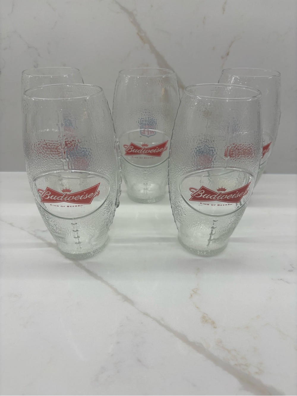 Set of 5 NFL BUDWEISER Textured Beer Football Shape Glasses Red White Blue Logo